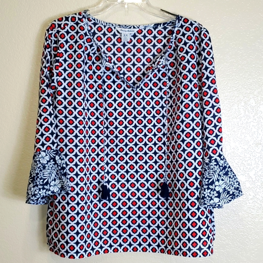 Tommy Bahama Geo Floral Tunic Three Quarter Bell Sleeves Medium Classic Vacation
